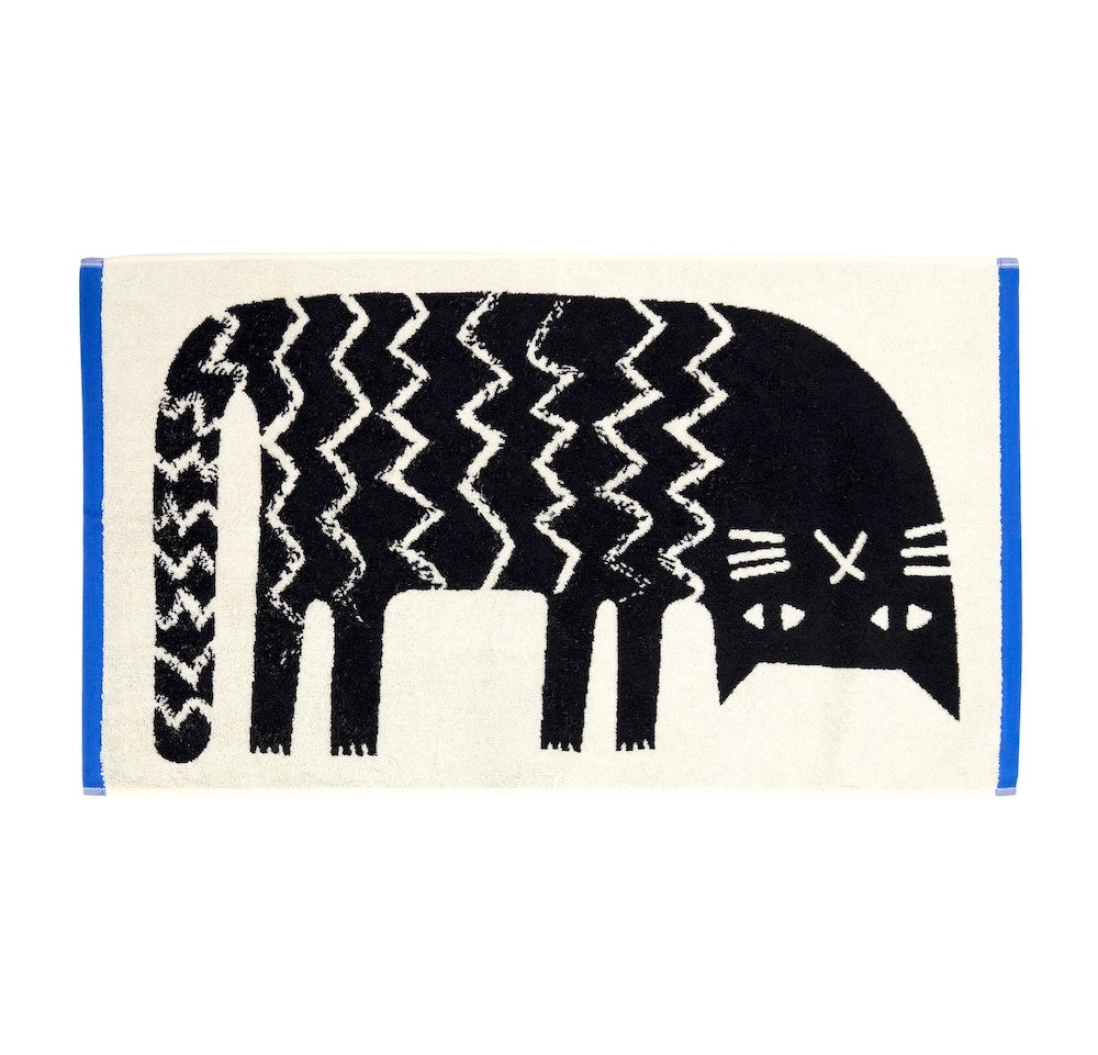 Donna Wilson Lazy Cat Hand Towel – super soft 100% cotton jacquard hand towel featuring a playful lazy cat design, made in Portugal