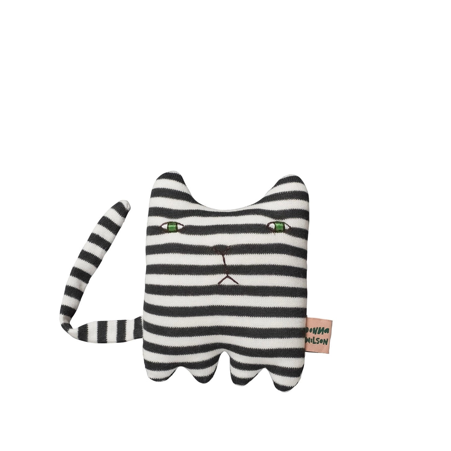 Donna Wilson Mono Kitten Cotton Wee One – small knitted organic cotton soft toy cat with unique personality, packaged in a cotton drawstring bag