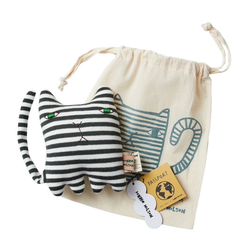Donna Wilson Mono Kitten Cotton Wee One – small knitted organic cotton soft toy cat with unique personality, packaged in a cotton drawstring bag