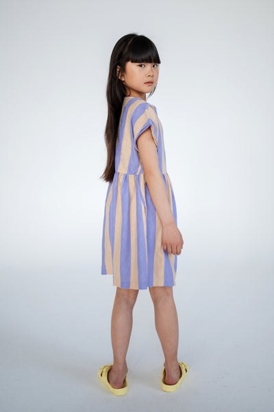 Lilac nude stripe dress made from 100% yarn-dyed organic cotton flamé, offering rich, lasting color and texture. Features pleated front details, ruffled waist, side pockets, short sleeves, and raw edge neckline. Lightweight and breathable for comfortable everyday wear.