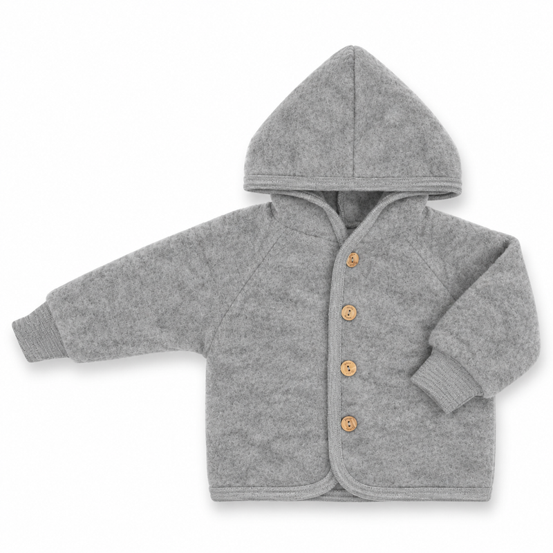 Engel Natur hooded jacket in grey organic merino wool fleece for babies and children.