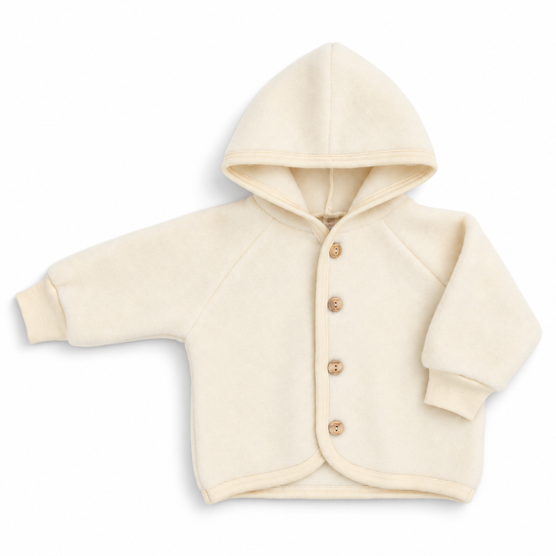 Engel Natur hooded jacket in natural organic merino wool fleece for babies and children.