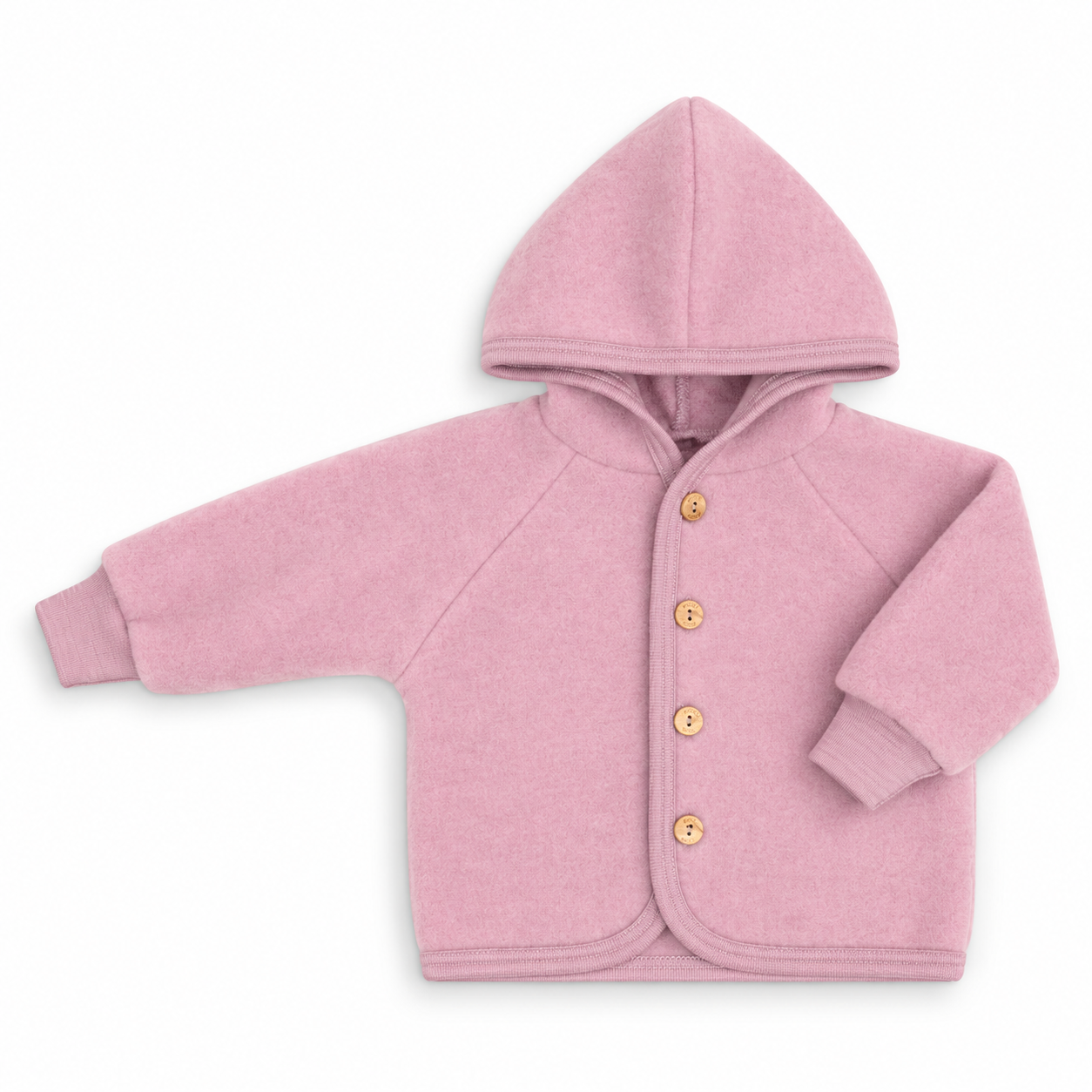Engel Natur hooded jacket in rosewood pink organic merino wool fleece for babies and children.