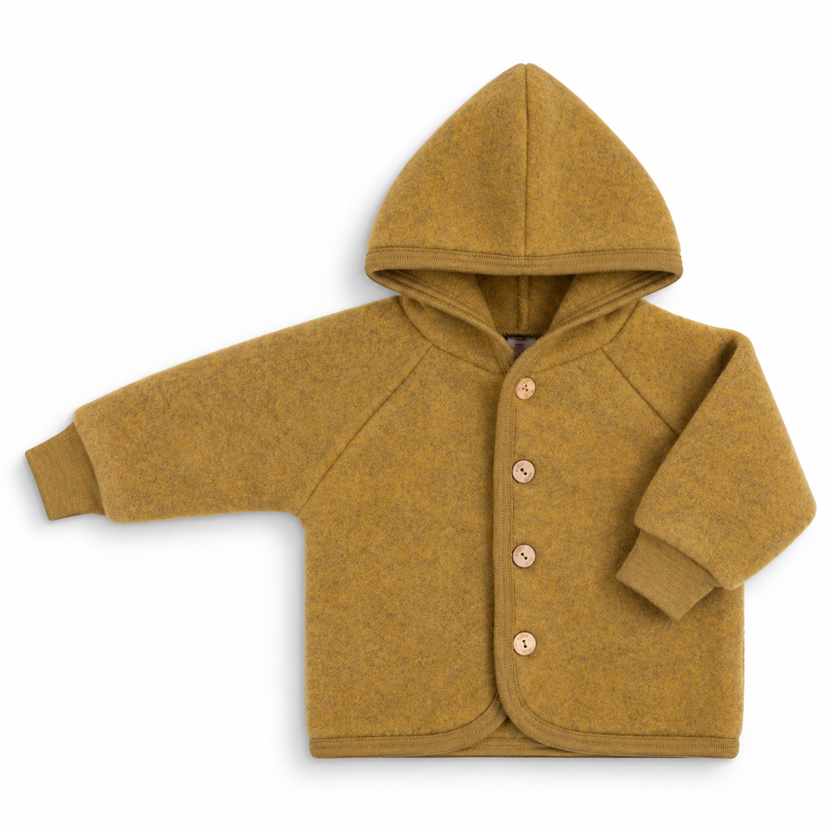 Engel Natur hooded jacket in saffron, a mustard yellow tone, organic merino wool fleece for babies and children.