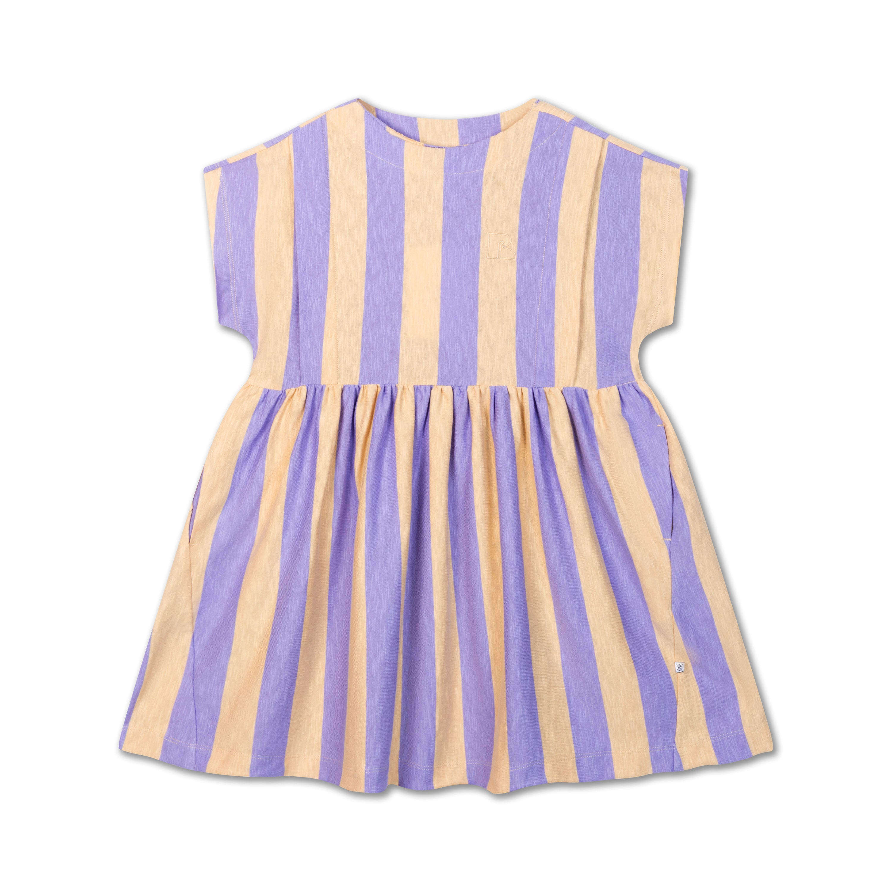 Lilac nude stripe dress made from 100% yarn-dyed organic cotton flamé, offering rich, lasting color and texture. Features pleated front details, ruffled waist, side pockets, short sleeves, and raw edge neckline. Lightweight and breathable for comfortable everyday wear.