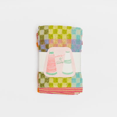 Colorful checkered cotton cloth 2 pack  from Foekje Fleur's Wild Weave collection, featuring a mix of vibrant, unplanned colors. Square shape (30 x 30 cm) with a visible hanging loop, woven from thick, high-quality cotton. Made sustainably in Portugal using leftover dyed yarns.