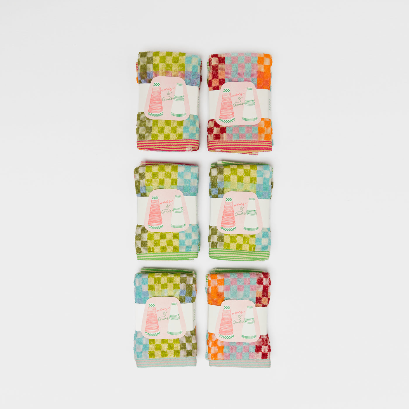 Colorful checkered cotton cloth 2 pack  from Foekje Fleur's Wild Weave collection, featuring a mix of vibrant, unplanned colors. Square shape (30 x 30 cm) with a visible hanging loop, woven from thick, high-quality cotton. Made sustainably in Portugal using leftover dyed yarns.