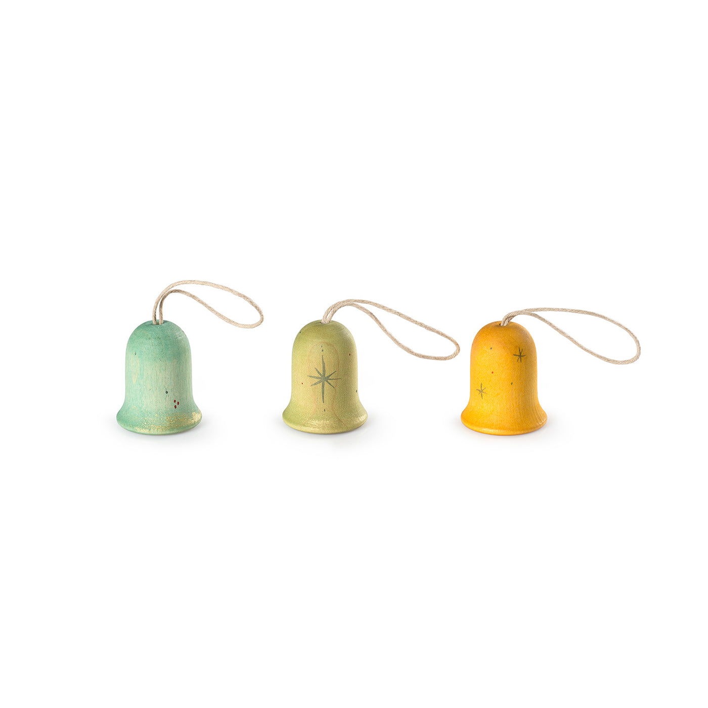 Grapat Joyful Bells Ornament Set – Box Nº3 with three hand-painted, bell-shaped wooden ornaments complete with threads for hanging