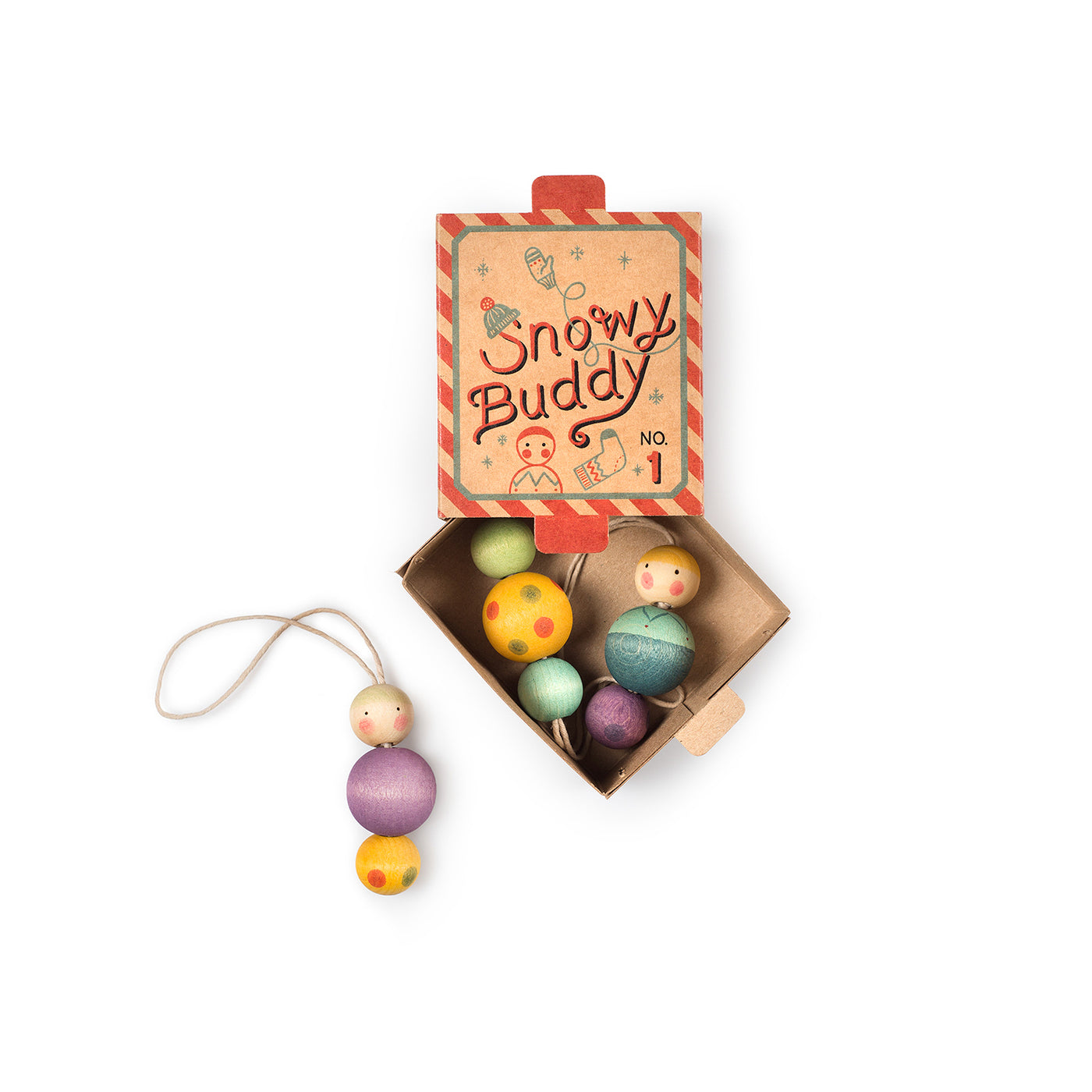 Grapat Ornament Buddies – Box Nº1 with three colorful, hand-painted wooden figures and hanging thread for festive decor.