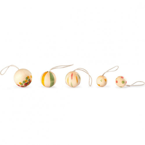 Set of 5 hand-painted Grapat wooden wonder balls with threads for hanging, perfect for holiday decor, party decorations, or adding charm to trees, walls, and windows.