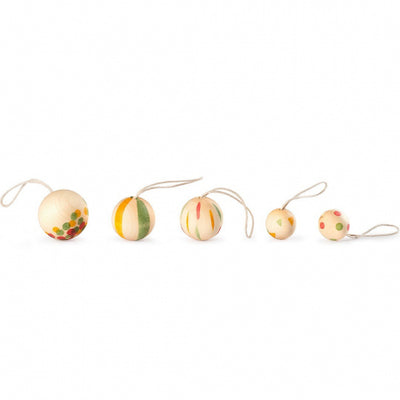 Set of 5 hand-painted Grapat wooden wonder balls with threads for hanging, perfect for holiday decor, party decorations, or adding charm to trees, walls, and windows.