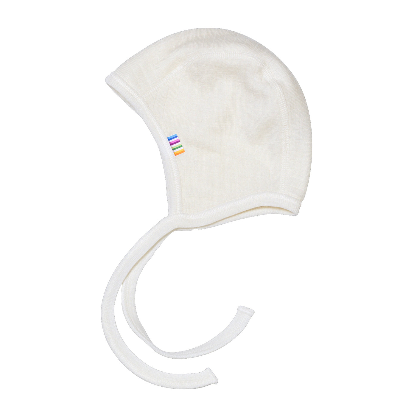 Soft and breathable double-layered wool helmet baby hat in natural by Joha. Oeko-Tex certified, Nordic Ecolabel, Woolmark Label, and perfect for keeping little heads warm 