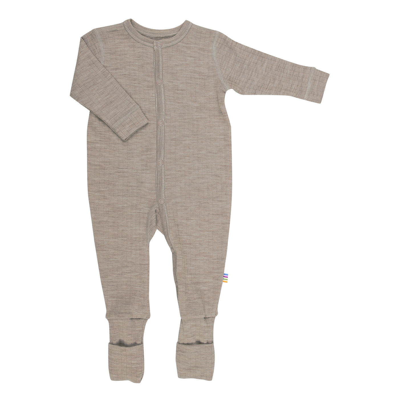 Soft and breathable merino wool baby jumpsuit in dark blue by Joha. Features fold-over footies, natural insulation, and Oeko-Tex certified organic wool in the color beige