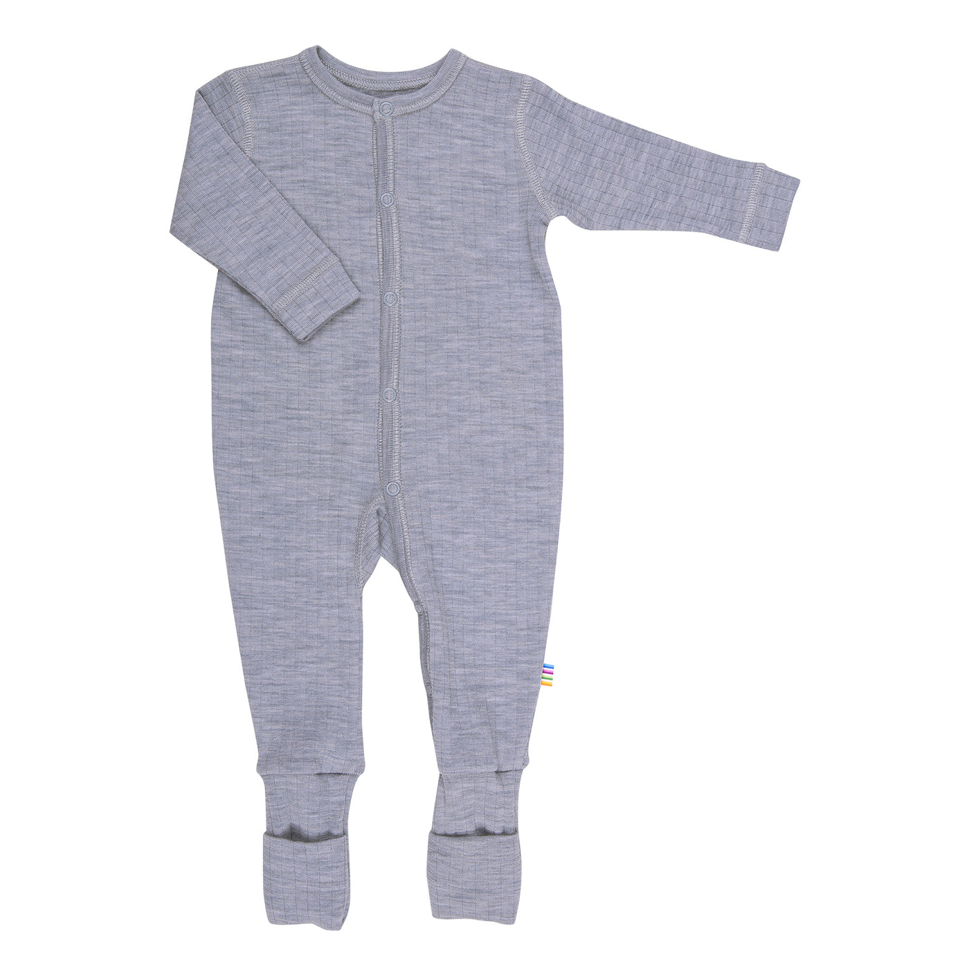 merino wool jumpsuit, baby footed romper, Joha, organic wool, Oeko-Tex certified, breathable baby clothing, temperature-regulating in the color grey