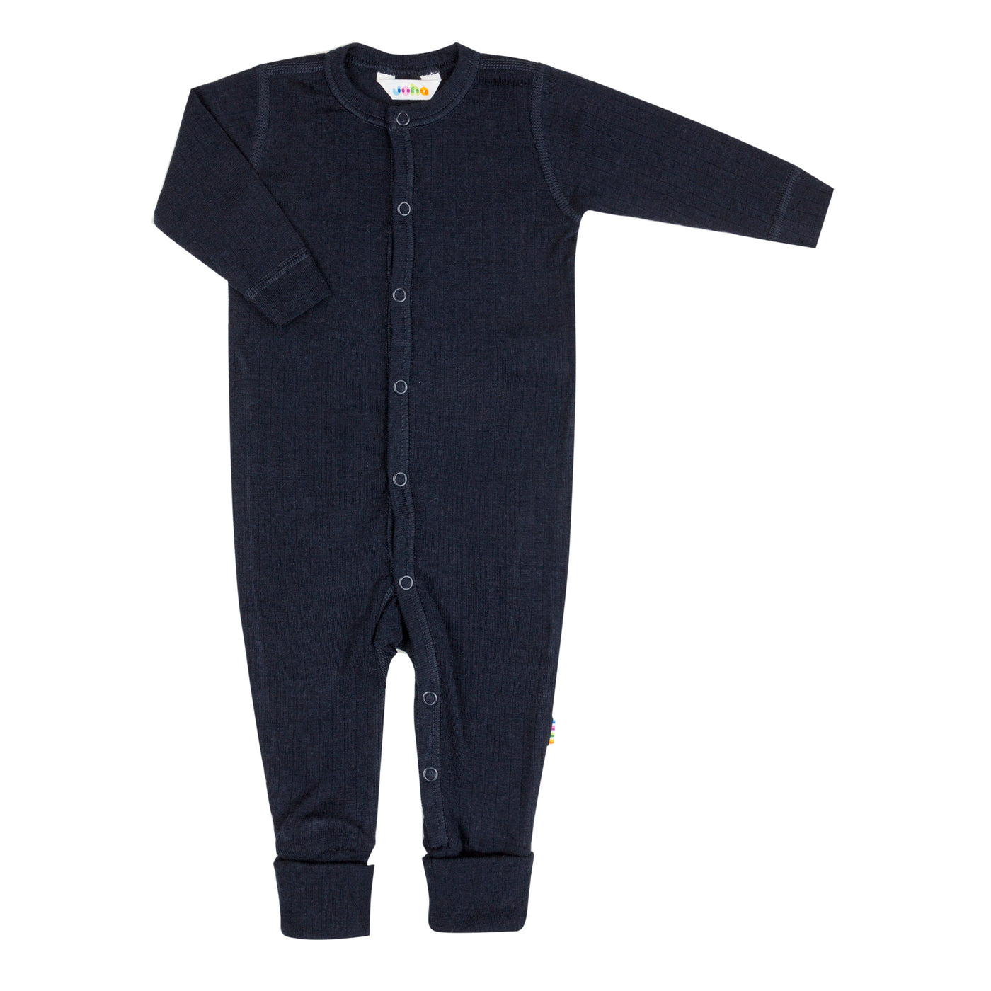 Soft and breathable merino wool baby jumpsuit in dark blue by Joha. Features fold-over footies, natural insulation, and Oeko-Tex certified organic wool in the color navy