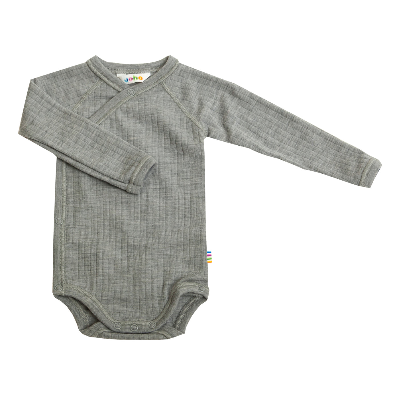 Soft and breathable wool baby bodysuit in natural color by Joha. Features an easy snap closure design, made from Oeko-Tex certified wool, and perfect for layering in the color grey