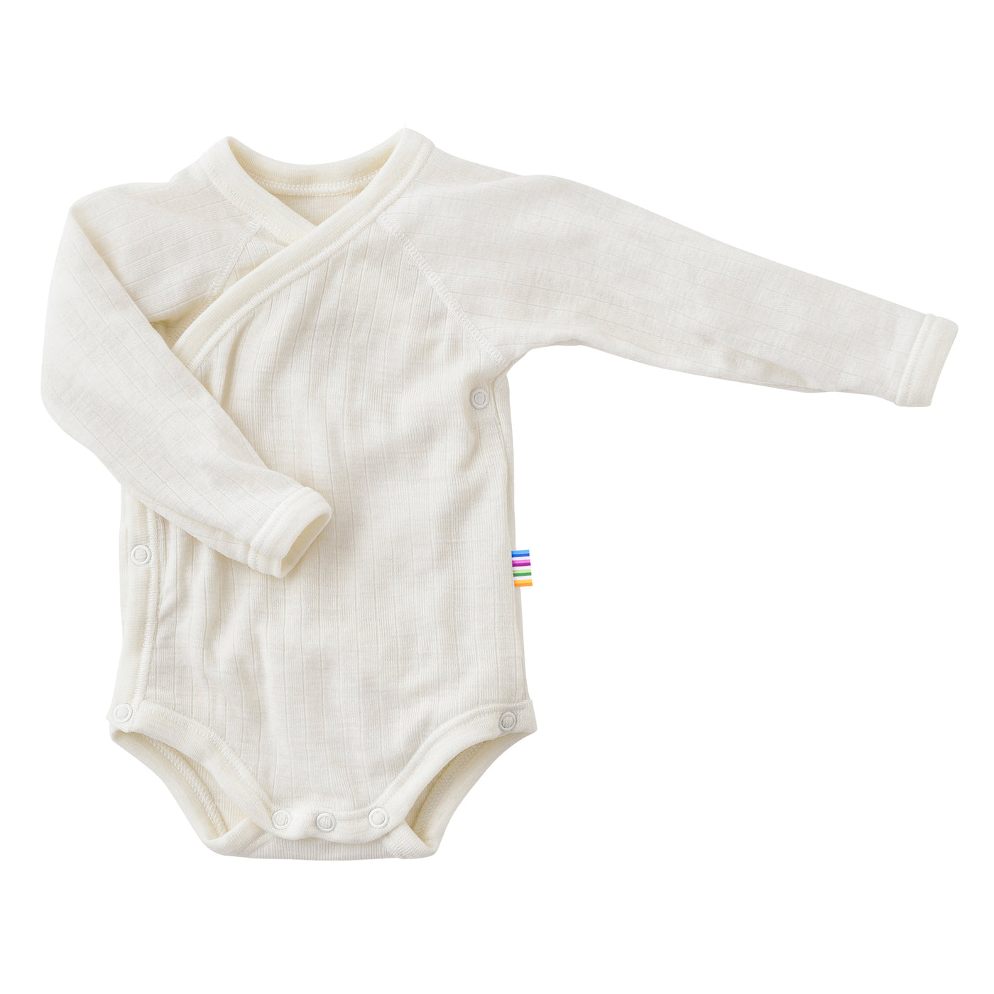 Soft and breathable wool baby bodysuit in natural color by Joha. Features an easy snap closure design, made from Oeko-Tex certified wool, and perfect for layering.