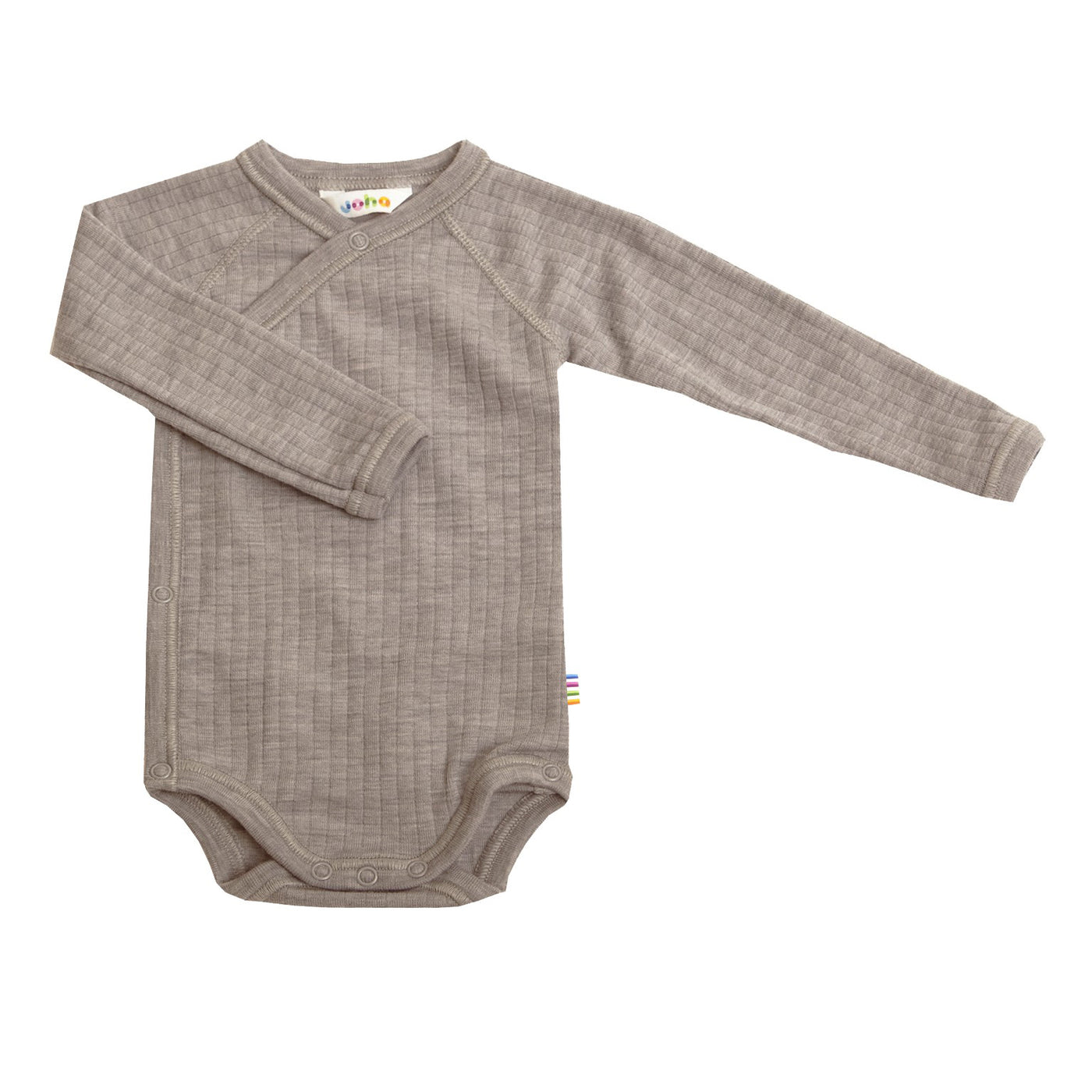 Soft and breathable wool baby bodysuit in natural color by Joha. Features an easy snap closure design, made from Oeko-Tex certified wool, and perfect for layering. In the color sesame