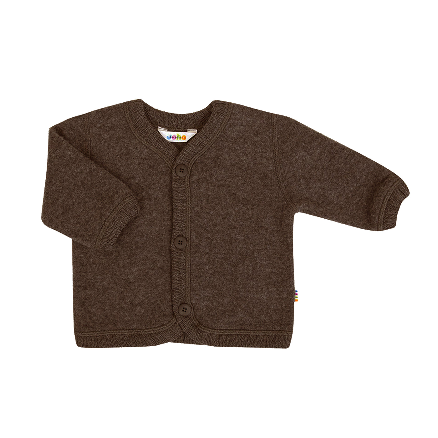 Joha wool fleece cardigan for babies in dark brown, warm and breathable layering piece 100% wool