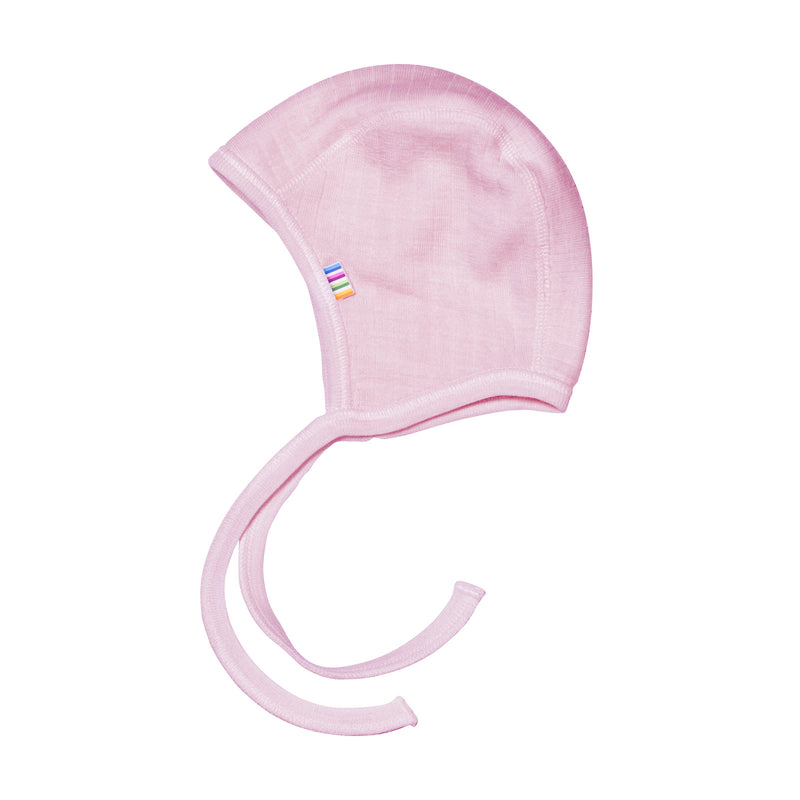 Soft pink wool baby helmet hat by Joha in Primrose – double-layered 100% merino wool for warmth and comfort SKU 96140-122