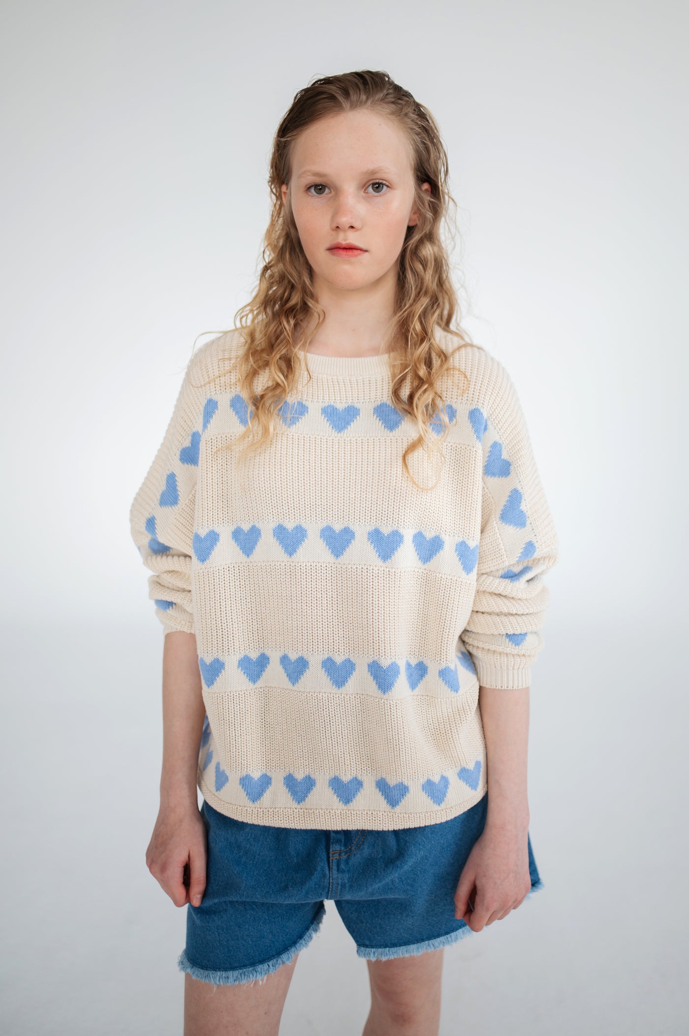 knit slouchy sweater - summer day blue hearts