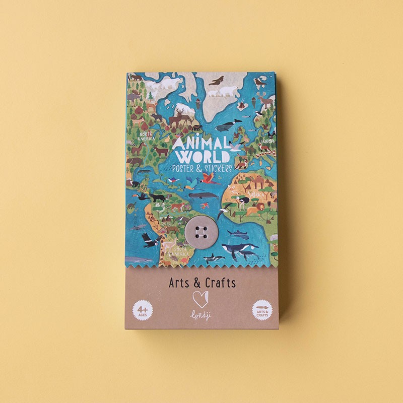 Londji Animal World Poster & Stickers – educational world map activity with 165 animal stickers for children, made in Barcelona from recycled materials, illustrated by Txell Darné Teixidor.