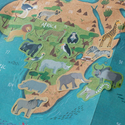 Londji Animal World Poster & Stickers – educational world map activity with 165 animal stickers for children, made in Barcelona from recycled materials, illustrated by Txell Darné Teixidor.