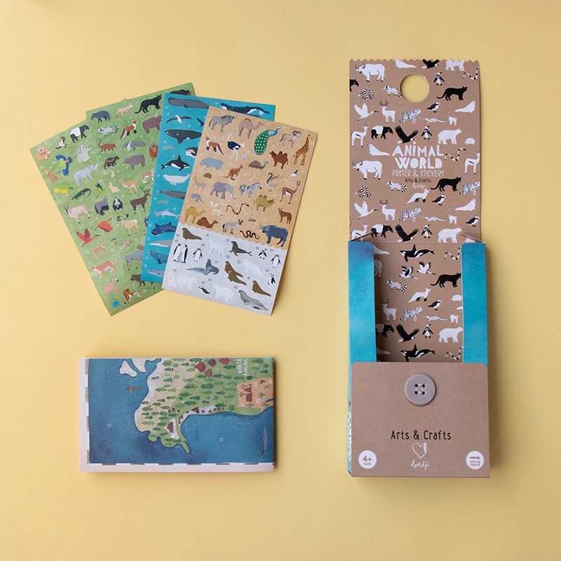 Londji Animal World Poster & Stickers – educational world map activity with 165 animal stickers for children, made in Barcelona from recycled materials, illustrated by Txell Darné Teixidor.