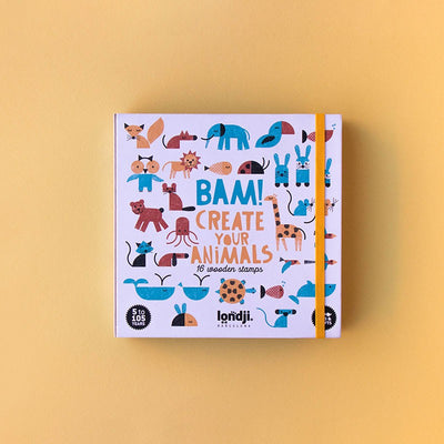 Londji Bam! Animals – creative wooden stamp set with 16 animal stamps and 4 ink pads, made in Barcelona from sustainable materials, illustrated by Canseixanta.