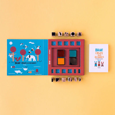 Londji Bam! Animals – creative wooden stamp set with 16 animal stamps and 4 ink pads, made in Barcelona from sustainable materials, illustrated by Canseixanta.