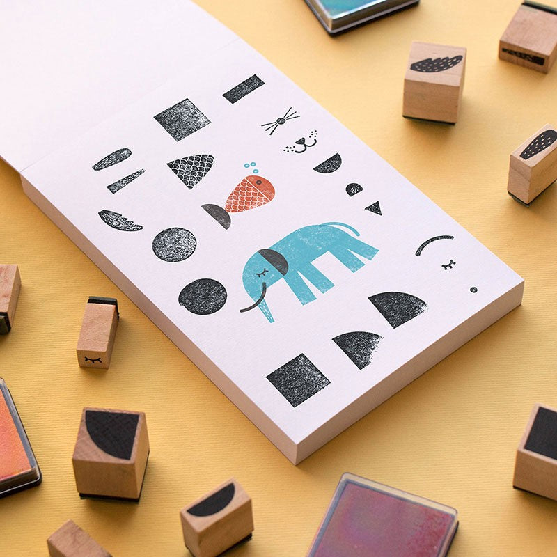 Londji Bam! Animals – creative wooden stamp set with 16 animal stamps and 4 ink pads, made in Barcelona from sustainable materials, illustrated by Canseixanta.