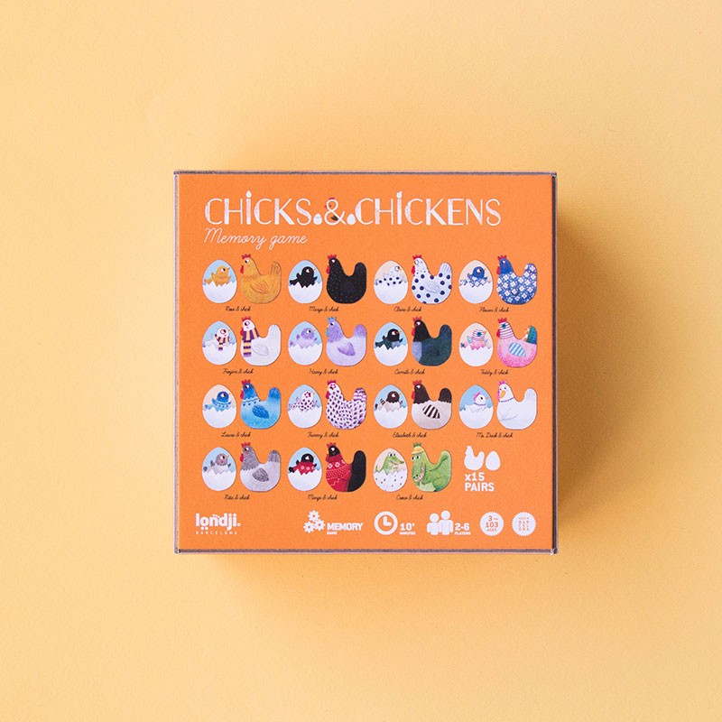 Londji Chicks & Chickens – wooden memory and matching game with hens and chicks, made in Barcelona from sustainable beech wood, illustrated by Mar Ferrero.