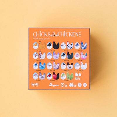 Londji Chicks & Chickens – wooden memory and matching game with hens and chicks, made in Barcelona from sustainable beech wood, illustrated by Mar Ferrero.