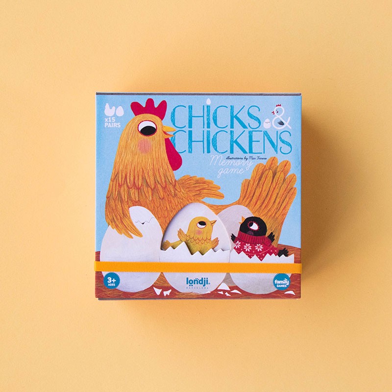 Londji Chicks & Chickens – wooden memory and matching game with hens and chicks, made in Barcelona from sustainable beech wood, illustrated by Mar Ferrero.