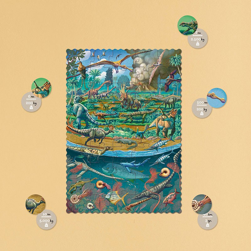Londji Dinosaurs Tiny Puzzle – 50-piece eco-friendly educational jigsaw for kids featuring dinosaurs, made in Barcelona from recycled materials, illustrated by Román García Mora.