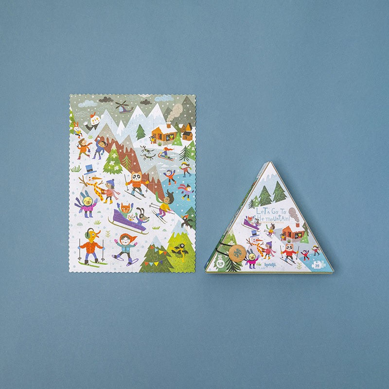 Londji Let's Go to the Mountain – 36-piece reversible puzzle for kids featuring winter and summer mountain adventures, illustrated by Mariana Ruiz Johnson.