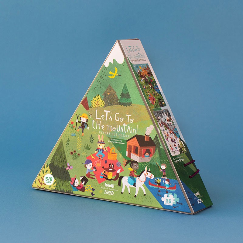 Londji Let's Go to the Mountain – 36-piece reversible puzzle for kids featuring winter and summer mountain adventures, illustrated by Mariana Ruiz Johnson.