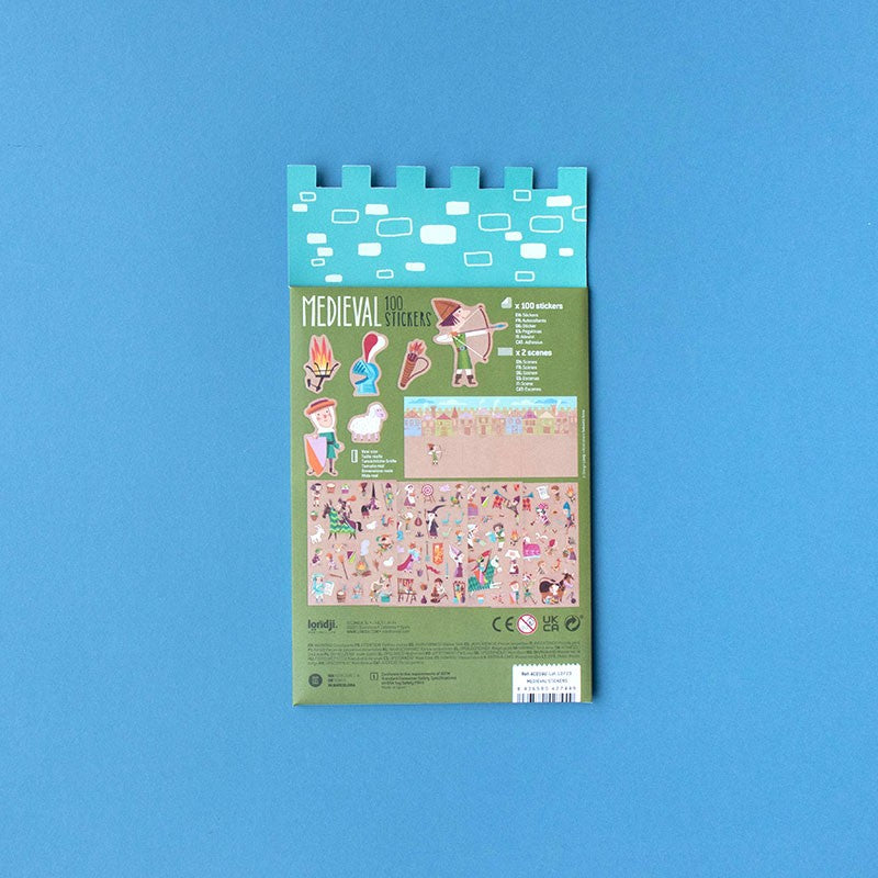 Londji Medieval Stickers – reusable medieval-themed sticker set with 100 stickers featuring knights, dragons and castles, made in Barcelona, illustrated by Sebastià Serra.