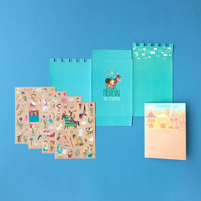 Londji Medieval Stickers – reusable medieval-themed sticker set with 100 stickers featuring knights, dragons and castles, made in Barcelona, illustrated by Sebastià Serra.