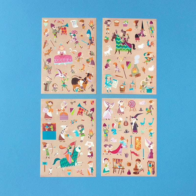 Londji Medieval Stickers – reusable medieval-themed sticker set with 100 stickers featuring knights, dragons and castles, made in Barcelona, illustrated by Sebastià Serra.