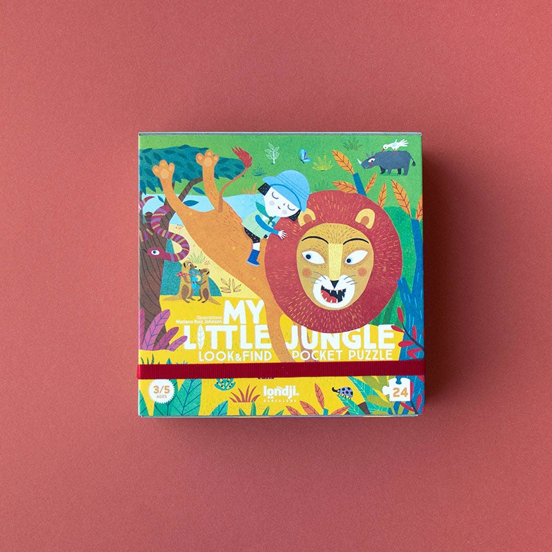 Londji My Little Jungle Pocket Puzzle – 24-piece eco-friendly children’s jigsaw featuring jungle and savannah animals, made in Barcelona from recycled materials, illustrated by Mariana Ruiz Johnson.