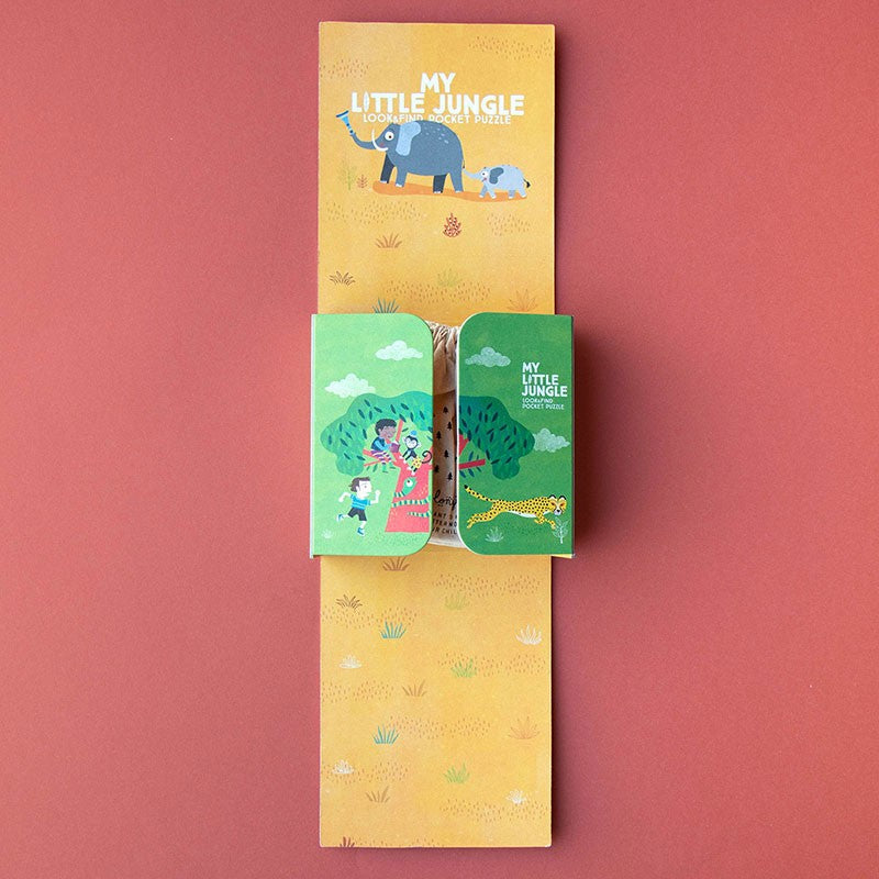 Londji My Little Jungle Pocket Puzzle – 24-piece eco-friendly children’s jigsaw featuring jungle and savannah animals, made in Barcelona from recycled materials, illustrated by Mariana Ruiz Johnson.