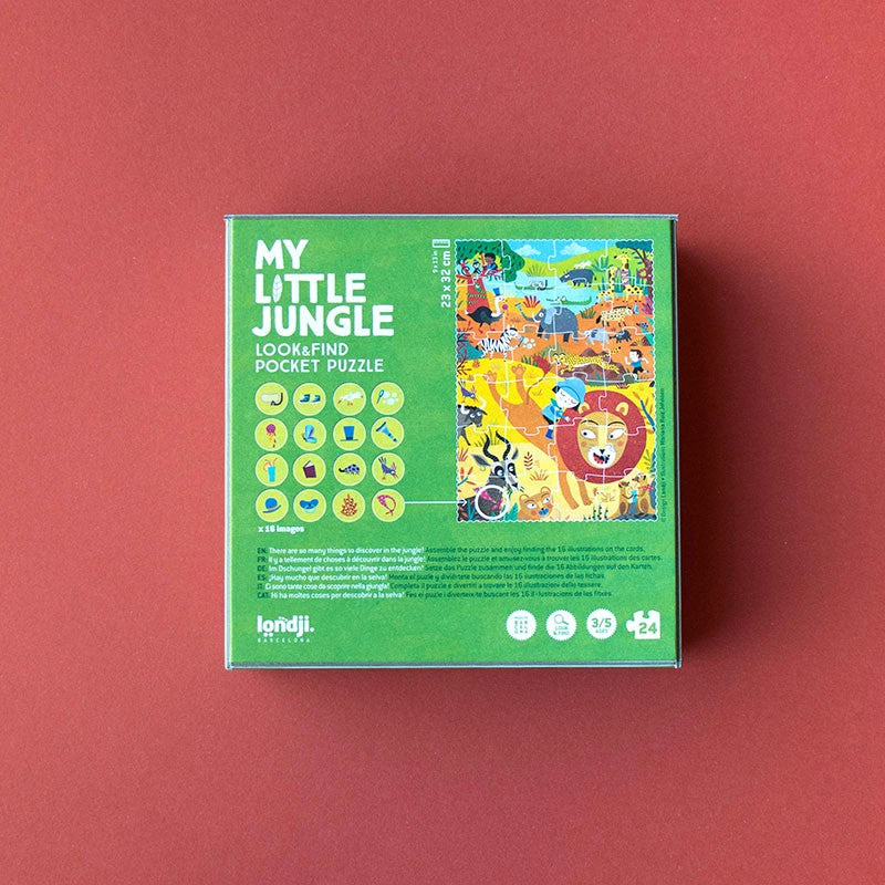 Londji My Little Jungle Pocket Puzzle – 24-piece eco-friendly children’s jigsaw featuring jungle and savannah animals, made in Barcelona from recycled materials, illustrated by Mariana Ruiz Johnson.