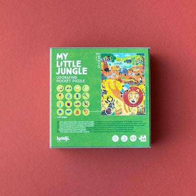 Londji My Little Jungle Pocket Puzzle – 24-piece eco-friendly children’s jigsaw featuring jungle and savannah animals, made in Barcelona from recycled materials, illustrated by Mariana Ruiz Johnson.