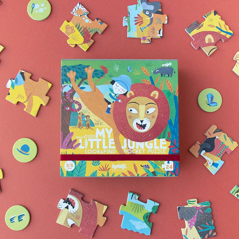 Londji My Little Jungle Pocket Puzzle – 24-piece eco-friendly children’s jigsaw featuring jungle and savannah animals, made in Barcelona from recycled materials, illustrated by Mariana Ruiz Johnson.