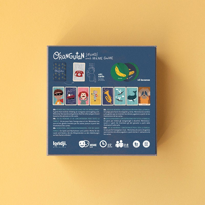 Londji Orangutan Family Game playful sound and gesture memory card game for kids and families, designed and made in Barcelona.