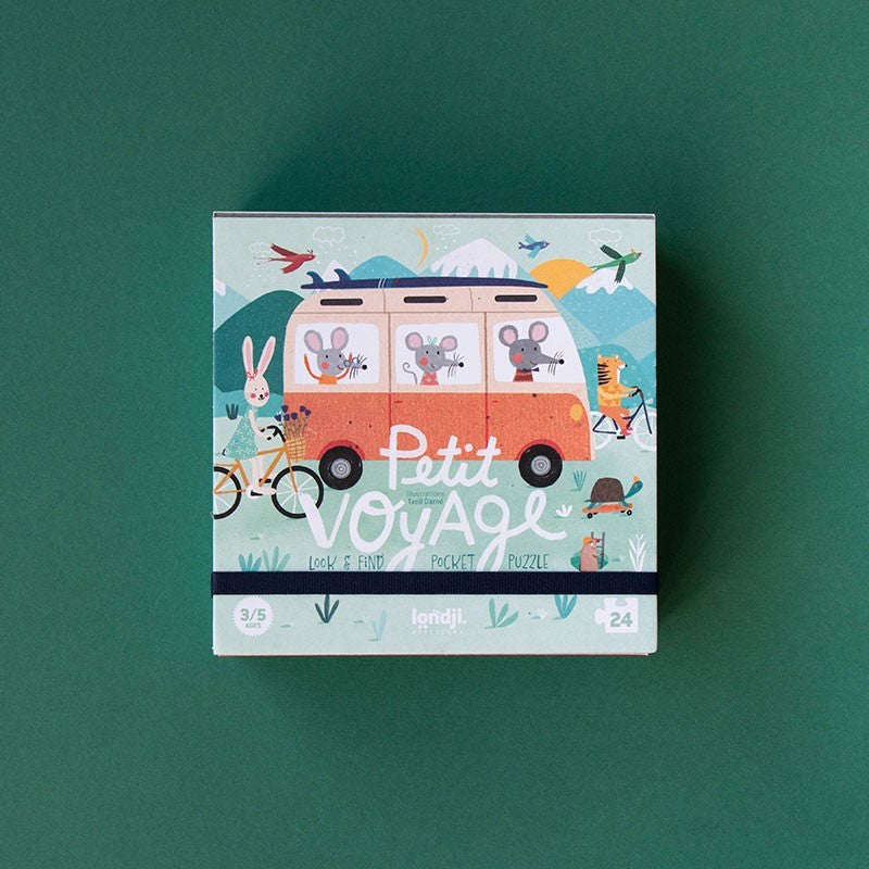 Londji Petit Voyage Pocket Puzzle 24-piece puzzle for kids featuring cars, bicycles and a fun observation game, illustrated by Txell Darné.