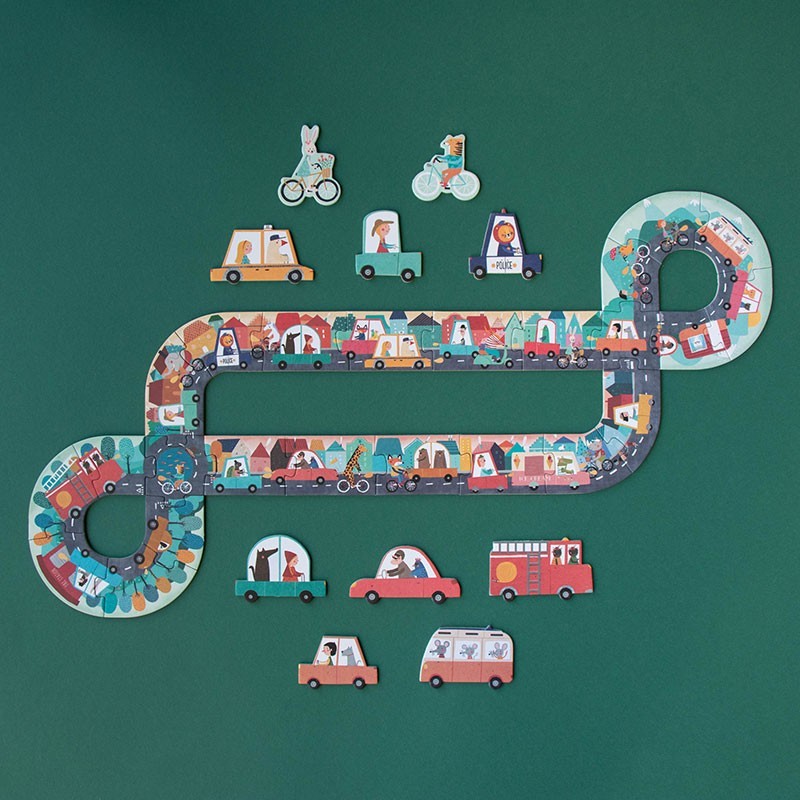 Londji Petit Voyage Pocket Puzzle 24-piece puzzle for kids featuring cars, bicycles and a fun observation game, illustrated by Txell Darné.