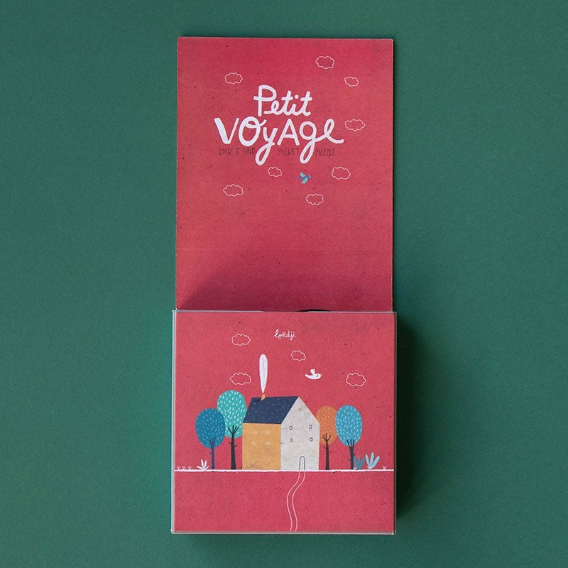 Londji Petit Voyage Pocket Puzzle 24-piece puzzle for kids featuring cars, bicycles and a fun observation game, illustrated by Txell Darné.