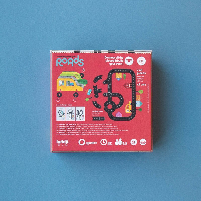 Londji Roads Pocket Game creative wooden road building game for kids with two cars and 11 circuit challenges, made in Barcelona.